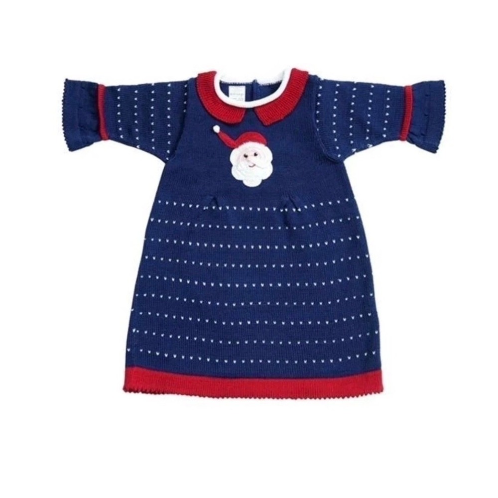 Melange Collection Santa Knit Dress Navy Red Christmas Holiday Toddler 12M